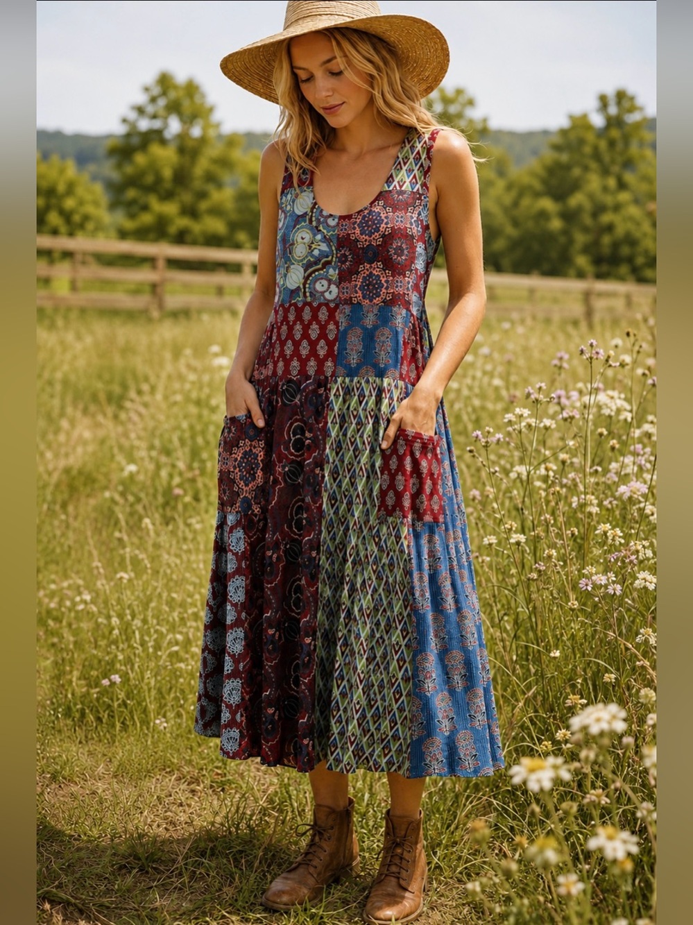 April Cornell XL Patchwork Prairie Dress Cotton Midi Pockets Boho Cottagecore